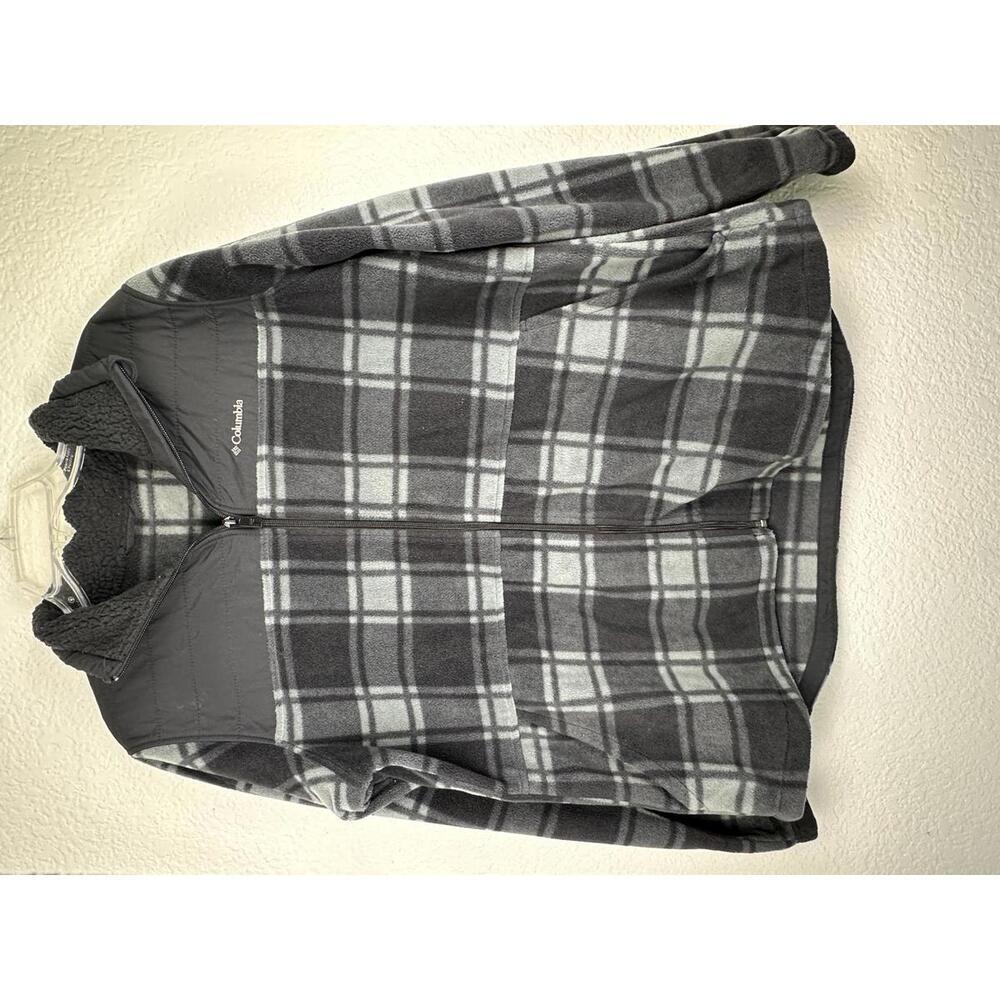 Men’s XL Columbia Gray Plaid Fleece Jacket Nylon Yoke Full Zip Outdoor - Picture 2 of 6